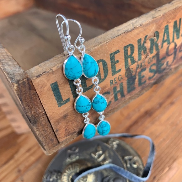 ✨TURQUOISE + STERLING 3-STONE DROP EARRINGS - Picture 6 of 8